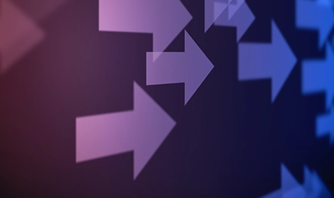 Purple and blue graphic with multiple arrows pointing right.