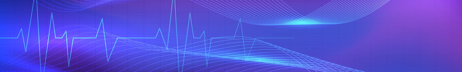 Abstract blue and purple graphic with an electrocardiogram line and flowing wave patterns related to healthcare and medical technology.