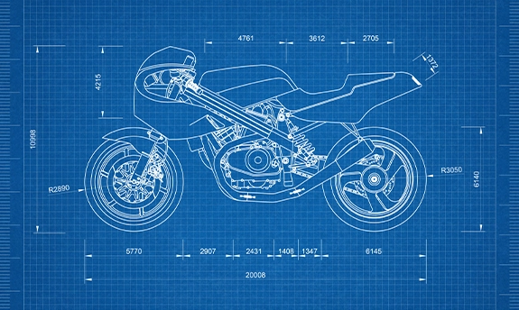 Detailed technical drawing of a motorcycle with numbered parts, measurements, and engineering specifications.