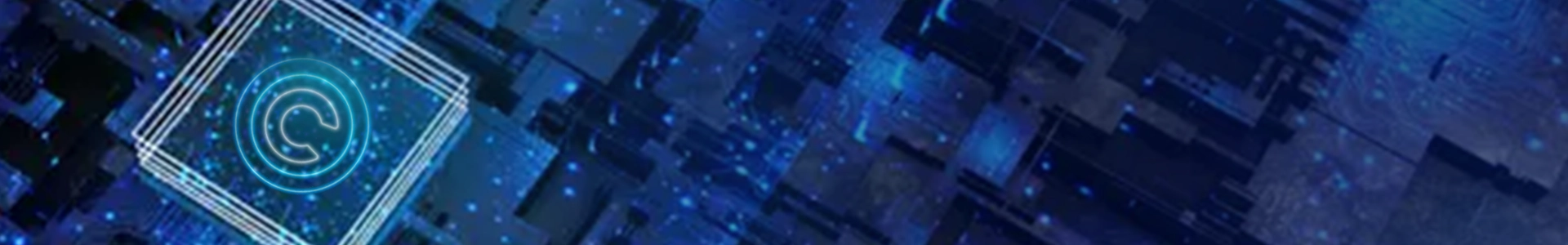 Glowing copyright symbol inside a digital circuit‑style square over a blue abstract technology background.