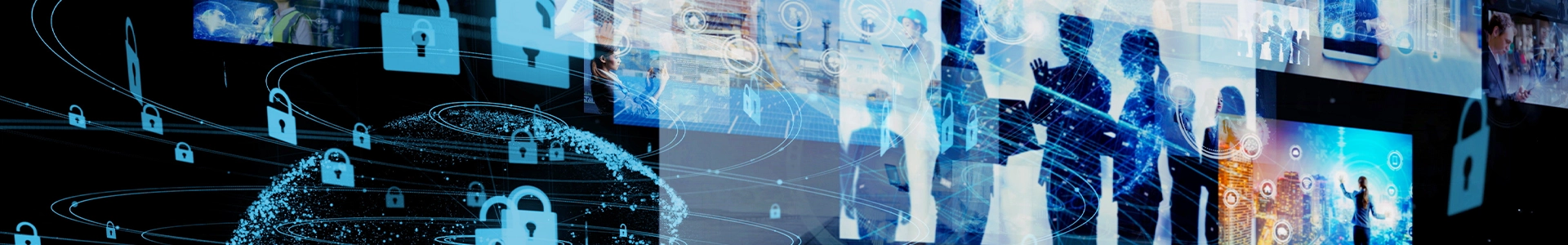 Digital collage of cybersecurity icons, including padlocks and data lines, layered over silhouettes of people and global network imagery.