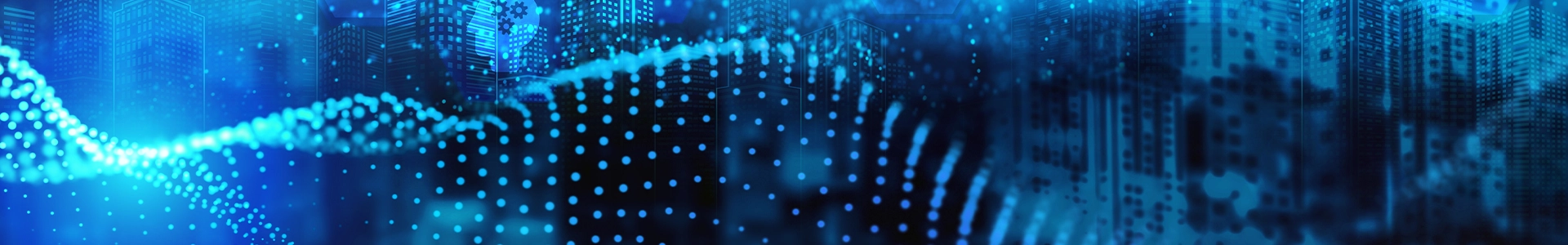 Abstract blue digital background with flowing dotted wave patterns layered over faint outlines of city buildings.