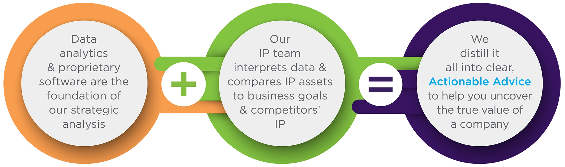 Infographic showing three connected circles explaining a process: data analytics and software, IP team data interpretation, and resulting actionable advice.