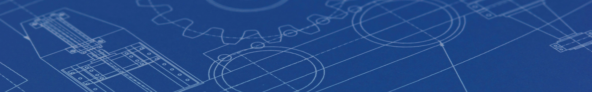 Detailed technical blueprint with white line drawings of gears, circles, and mechanical components on a blue background.