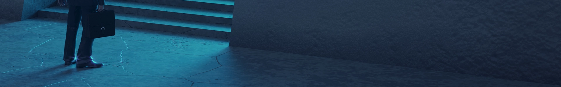 Person standing at the base of concrete steps in a dimly lit space, holding a briefcase with blue light casting shadows on the ground.