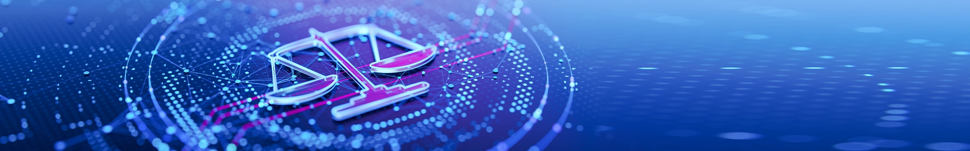 Digital illustration of scales of justice on a futuristic blue interface with glowing data points and network patterns.