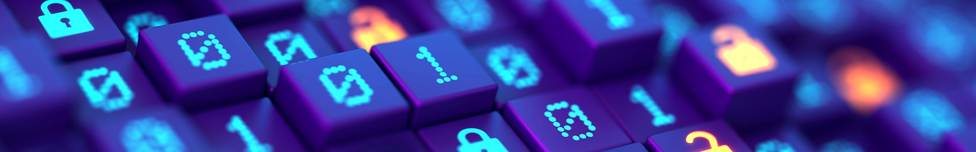 Close-up of digital icons showing locks and binary code on illuminated keys, highlighting cybersecurity and data protection.