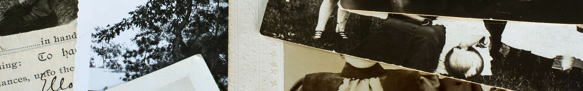 Collage of old family photographs and vintage documents arranged together, showing sepia and black‑and‑white prints.
