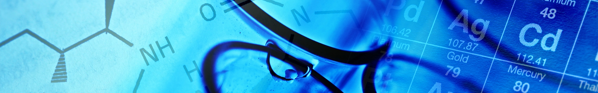 Blue-toned scientific background featuring laboratory glassware overlaid with chemical structures and a periodic table.