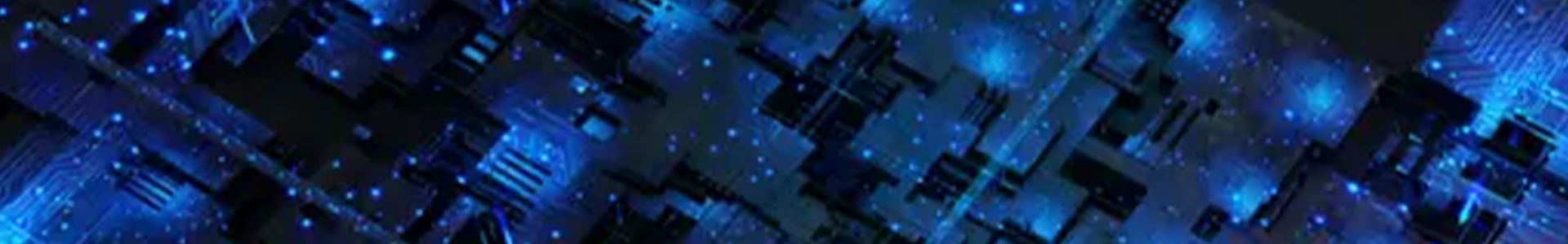 Abstract close-up of dark circuit-like blocks illuminated by scattered blue lights.