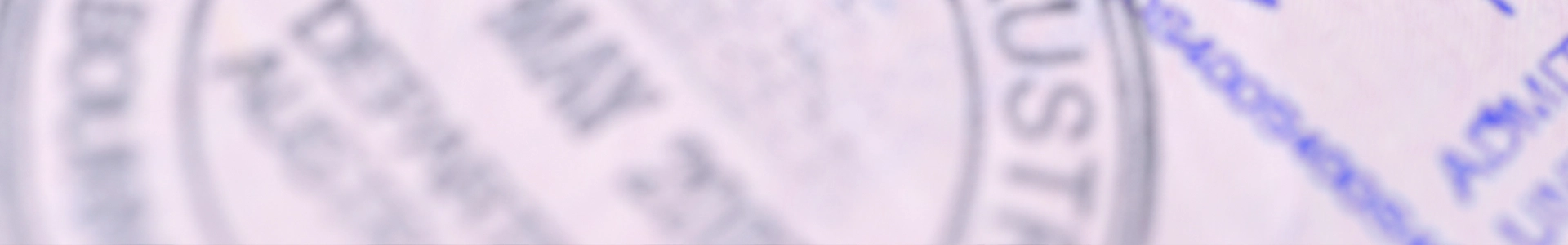 Blurred close-up of a passport page with an immigration entry stamp and blue printed text.