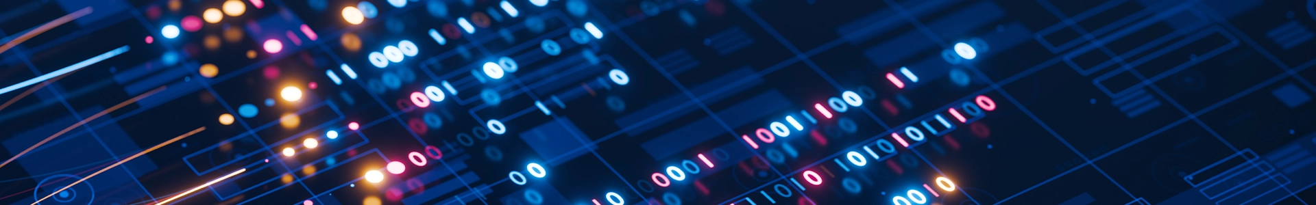 Abstract digital interface with glowing binary code and circuit‑like lines in blue and red tones.
