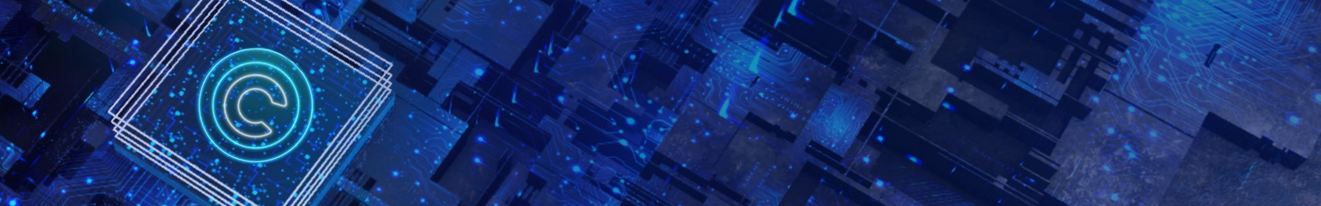 Glowing copyright symbol inside a digital circuit‑style square over a blue abstract technology background.