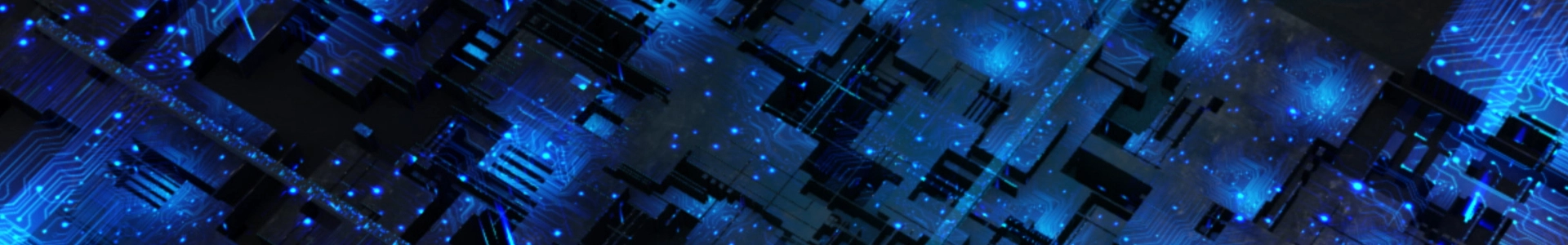 Abstract close-up of dark circuit-like blocks illuminated by scattered blue lights.
