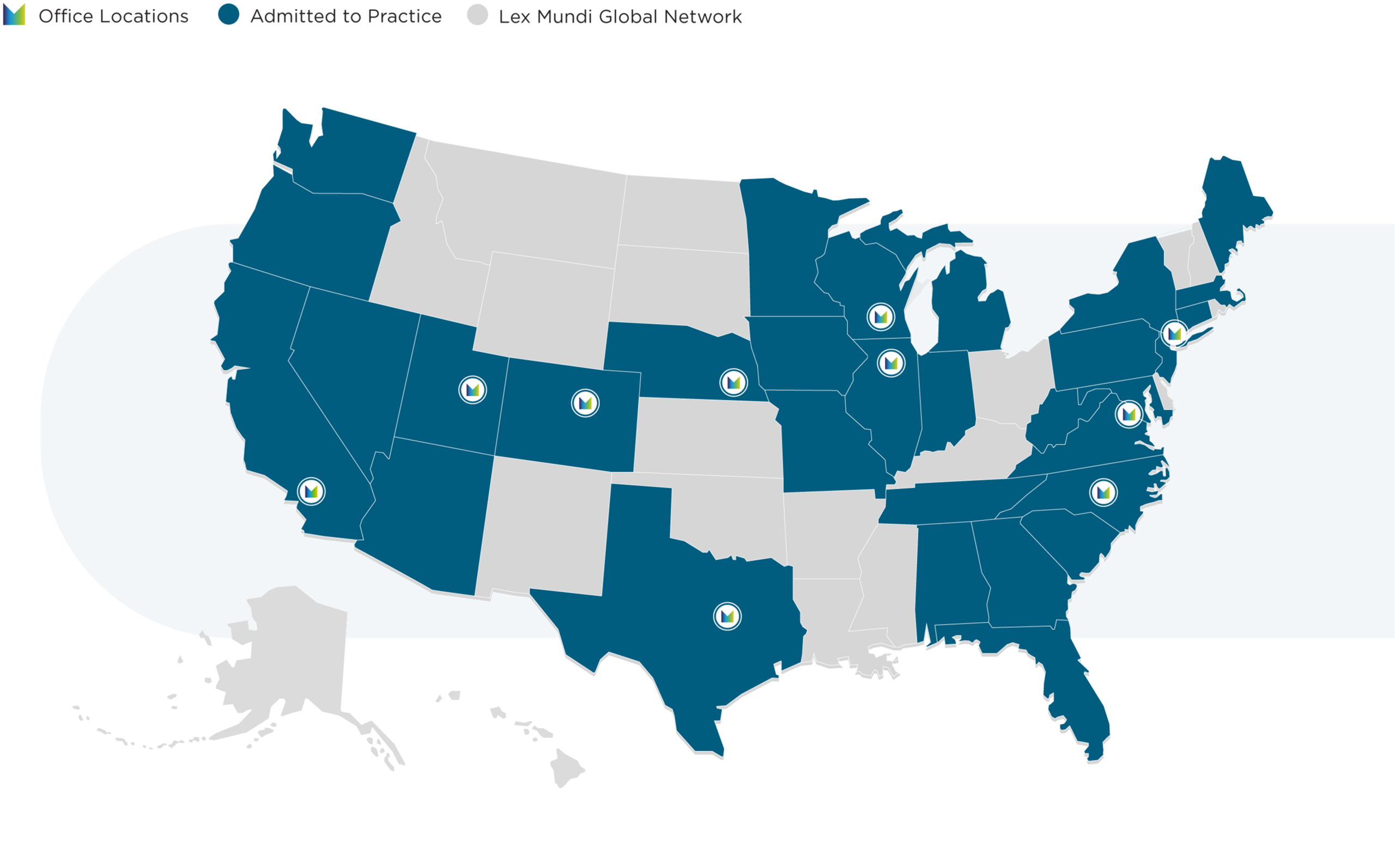 U.S. map showing office locations and states where the firm is admitted to practice, with markers highlighting key locations nationwide.