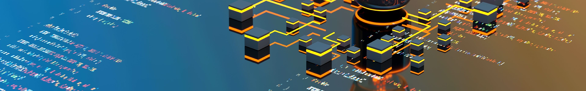 A glowing glass bulb with a colorful crystal-like core shines above a golden circuit board, against blue streams of code, evoking digital innovation.